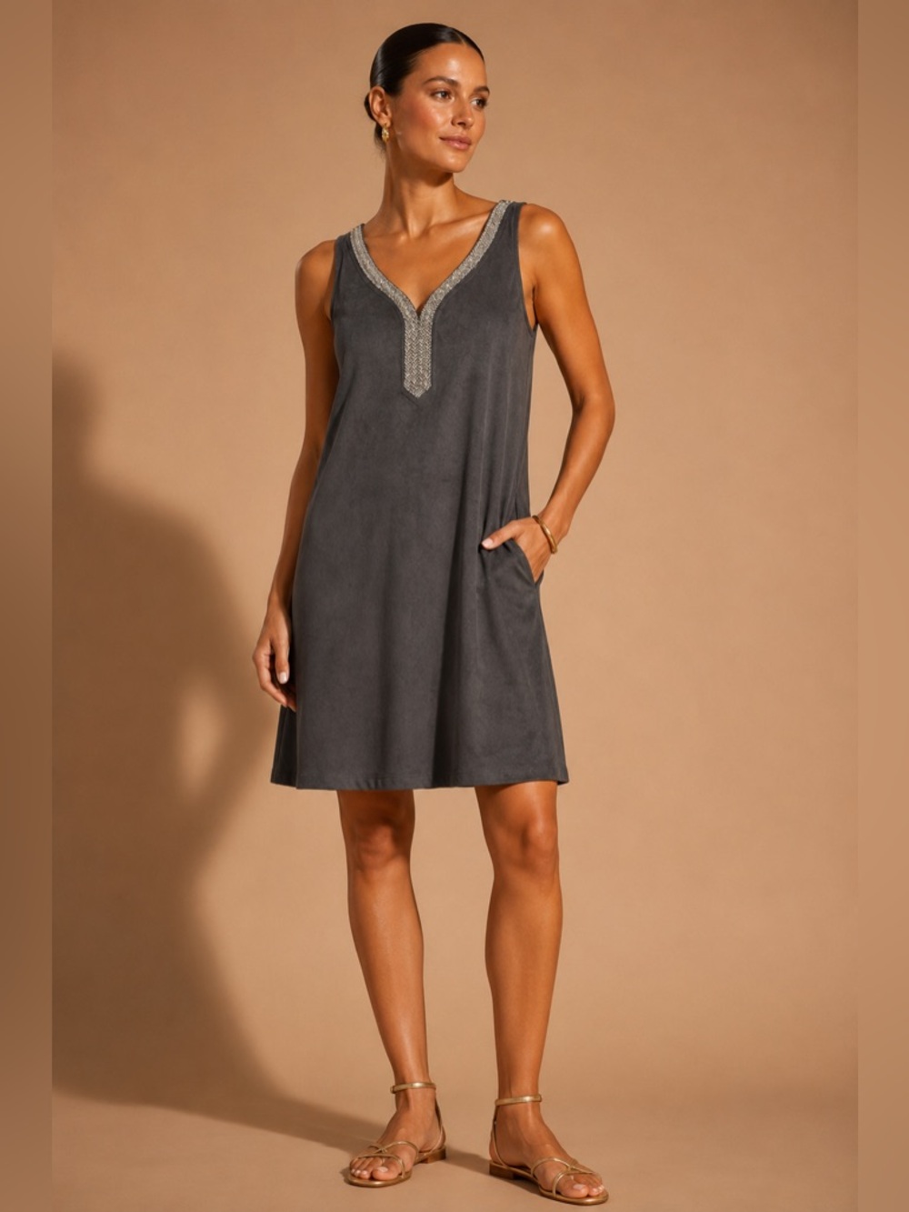 Tommy Bahama Salina Sands Embellished Faux Suede Shift Dress NWT Small Gray $168